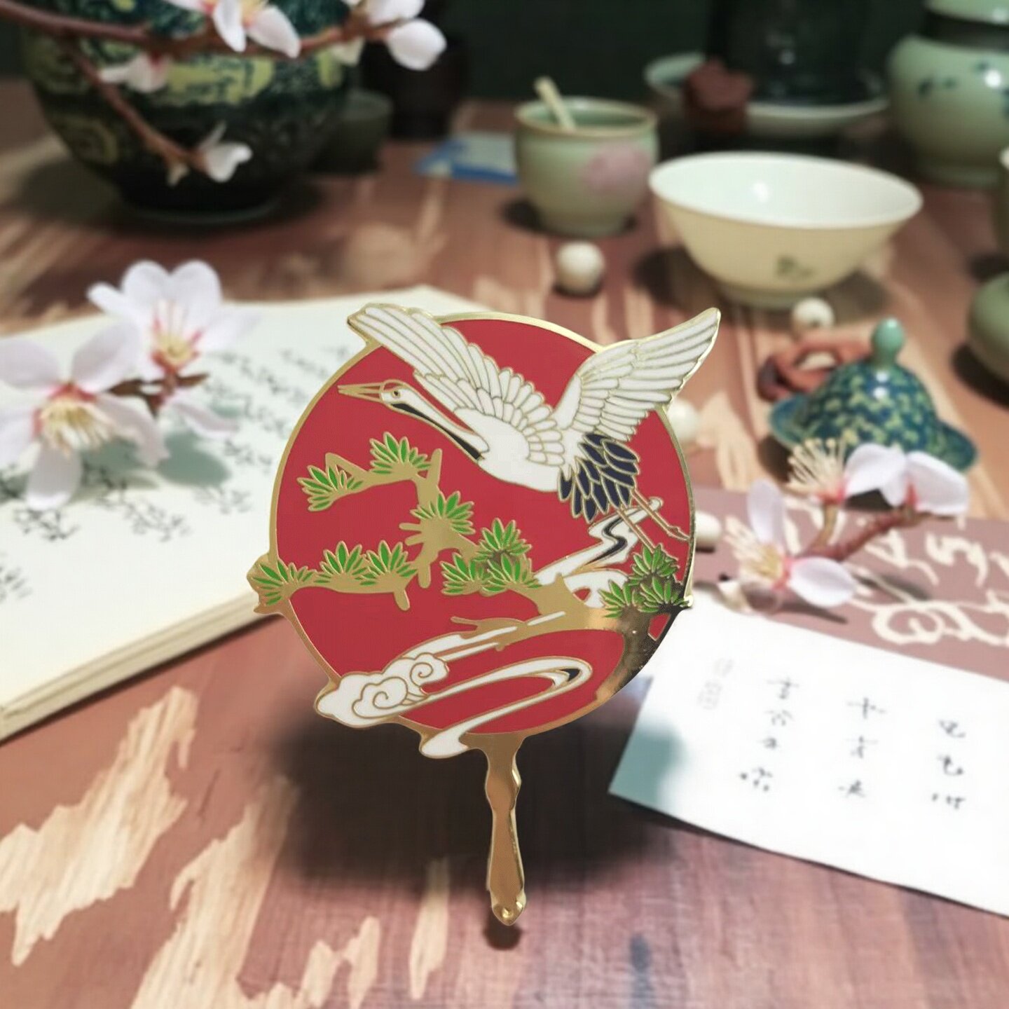 国风团扇文创镜子金属珐琅胸针