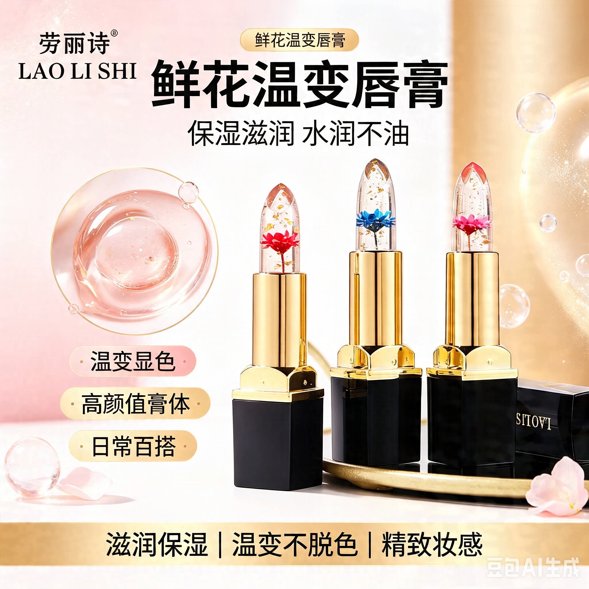 正品花瓣果冻变色口红不易掉色不易沾杯透明水晶不脱色鲜花唇膏