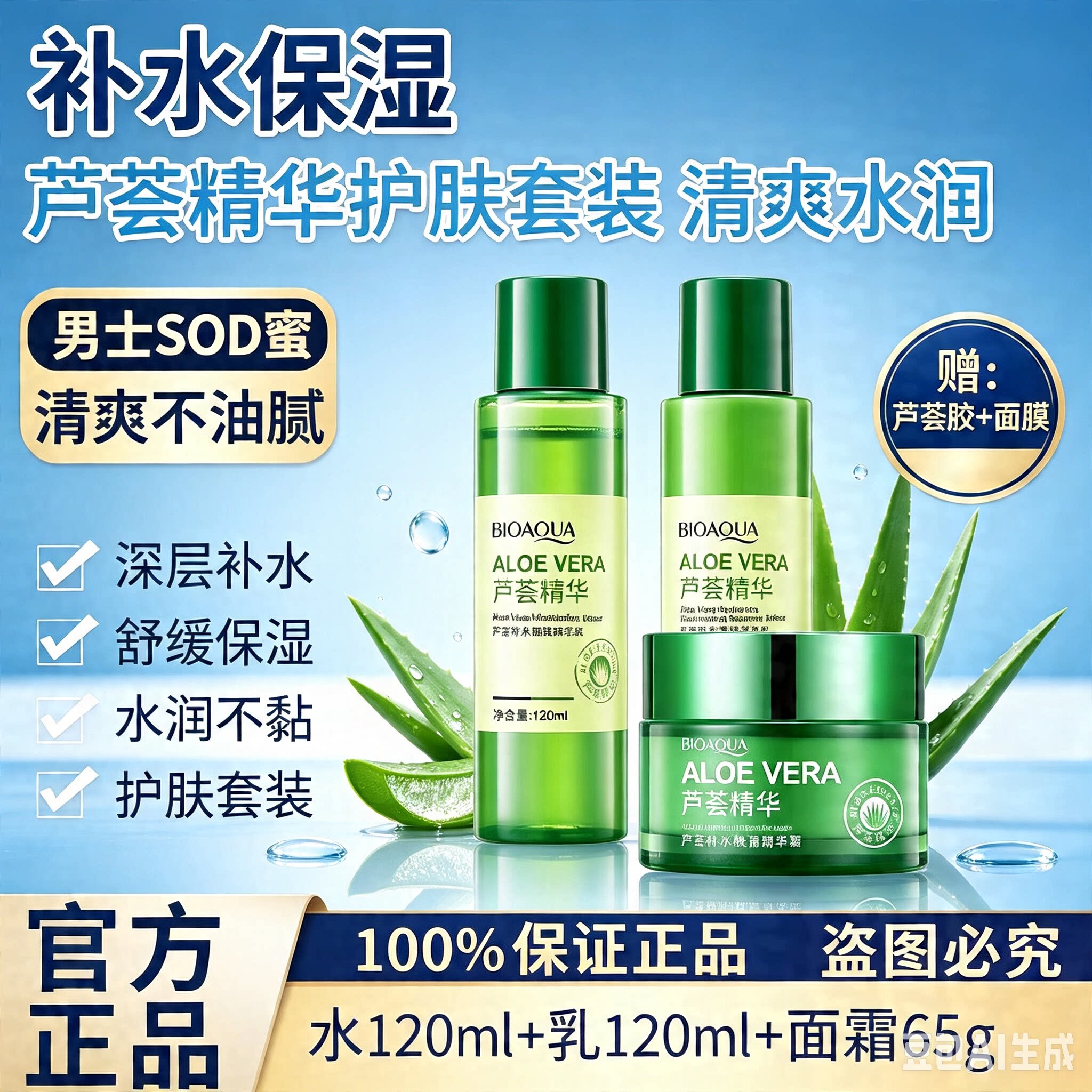 正品芦荟原液水乳化妆品套装女纯植物草本补水保湿全套学生护肤品