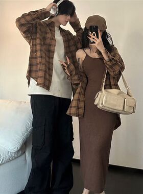 小众设计感情侣装秋季韩版长袖衬衫男女两件套法式一裙一衣ins潮
