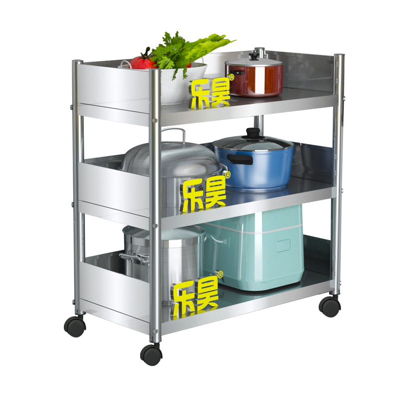 不锈钢厨房置物架落地多层带轮多功能家用微波炉收纳层架带围挡货