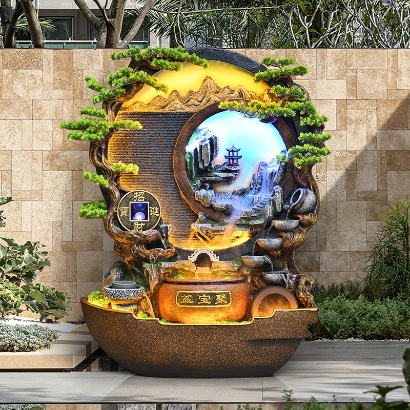 公司招财聚宝盆水幕墙屏风庭院假山流水落地造景摆件循环水景喷泉