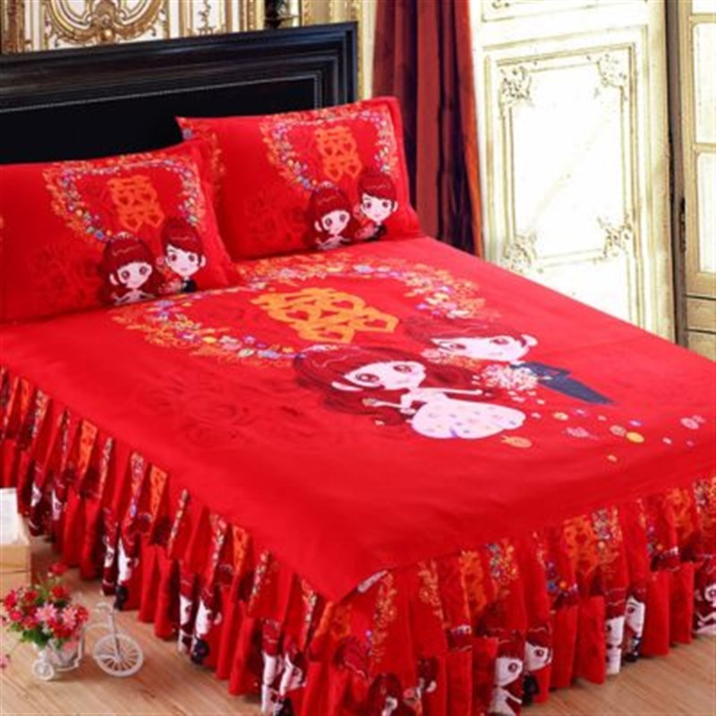 大红色婚庆结婚四件套床上用品1.5m18米床裙被套枕套新婚公主风粉