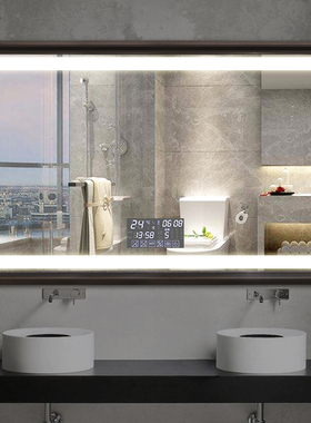 实木框智能浴室镜lmed触摸屏防雾卫生间镜子洗漱洗澡间化妆镜带灯