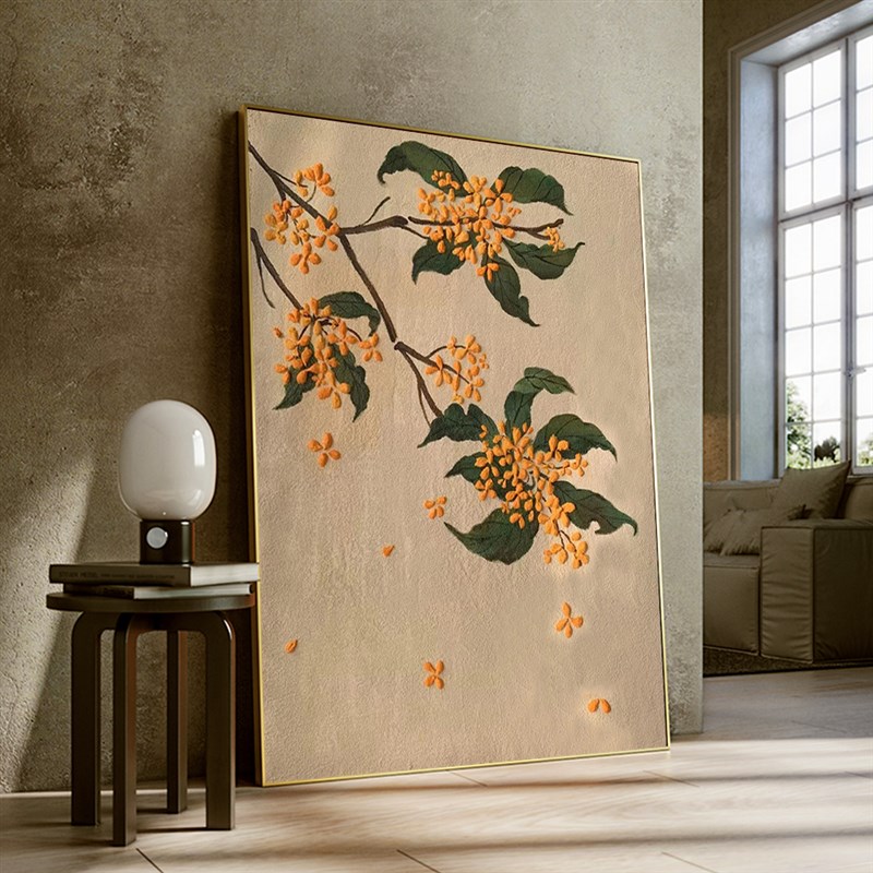 新中式玄关装饰画客餐厅黄色桂花卉挂画无框肌理油画高级感墙壁画图片