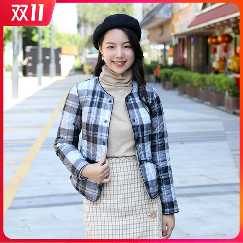 女士棉内胆长袖小棉衣p短款格子保暖丝棉大码圆领内穿羽绒棉小棉