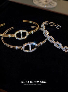 锆石椭圆猪鼻子链条开口手镯韩国新款设计感小众手环时尚手饰