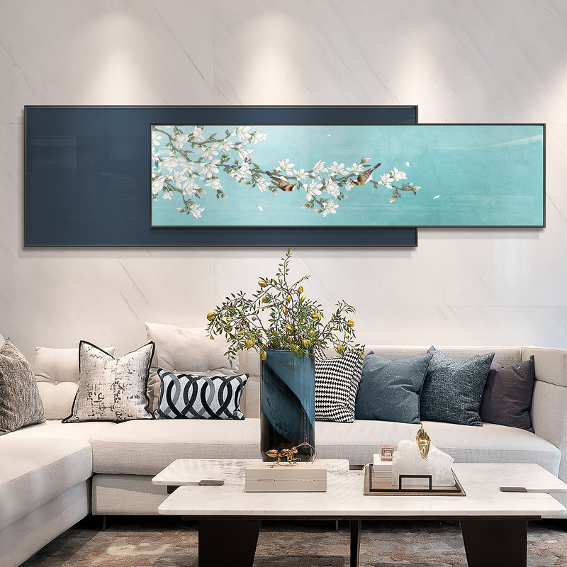 新中式客厅沙发背景墙装饰画酒店餐厅叠加挂画花语喜鹊样板房壁画