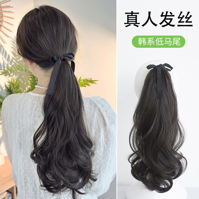 真人发马尾假发女自然全真u人发蓬松绑带式梨花卷短马尾低扎假马
