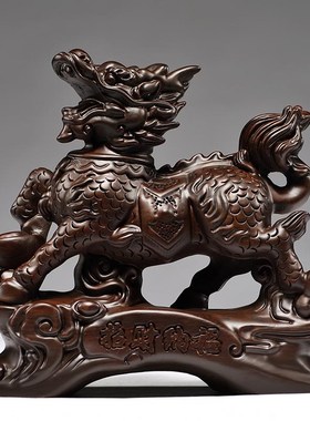 黑檀木雕麒麟摆件一对纯木质火麒麟公母办公室家居客厅装饰工艺礼