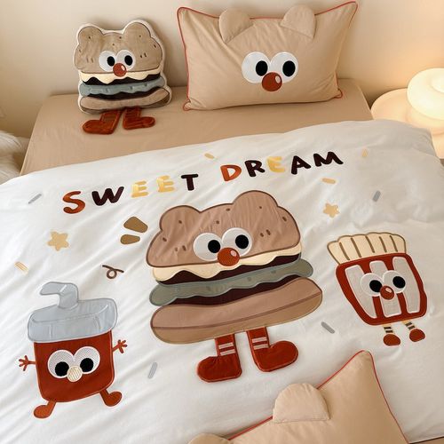 可爱卡通汉堡包刺绣全棉水洗棉床上四件套纯棉被套床单宿舍三件套