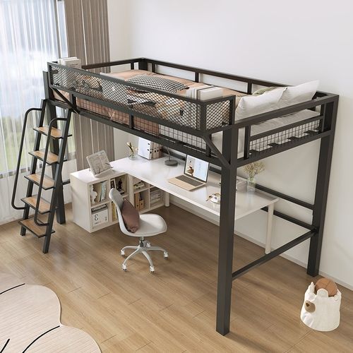 铁艺高架床单上层复式二楼床省空间上床下桌错层高低床步梯阁楼床