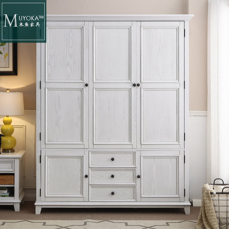 木鱼家具美式乡村实木三门衣柜衣橱白蜡木白色做旧大衣柜顶柜实木