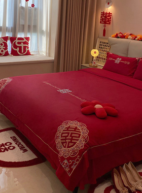乐优公主100支长绒棉结婚四件套婚庆大红色床单喜被婚嫁床上用品