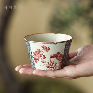 【青墨青花瓷 焦糖竹菊葵口杯】熹谷言物青花手工品茗杯焦糖大杯