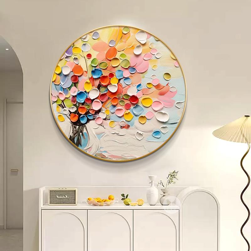 轻奢玄关走廊圆形装饰画抽象花卉客厅沙发背景墙挂画卧室餐厅壁画图片