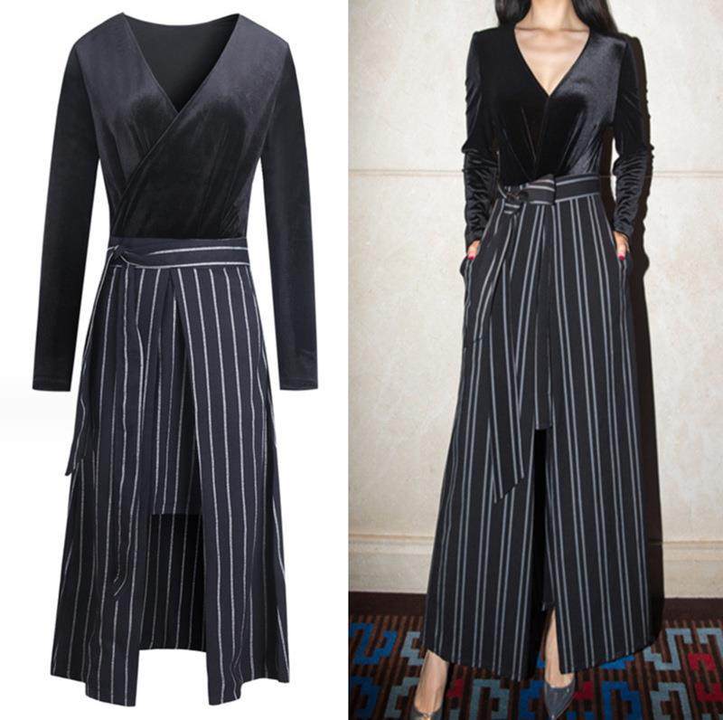 女装设计感不规则条纹复古丝绒长袖连衣裙秋冬气质