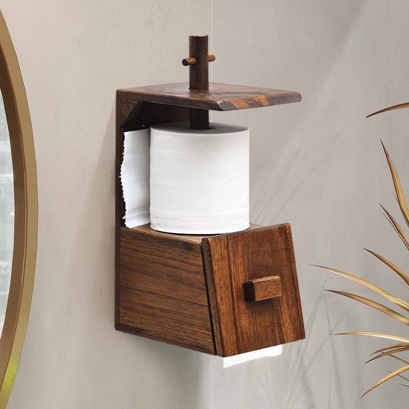 泰国实木复古卫生间创意壁挂卷纸架木质厕纸盒厨房纸巾架置物架
