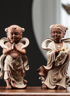 紫砂金童玉女佛像摆件供奉家用招财善财童子龙女观音菩萨佛前侍奉