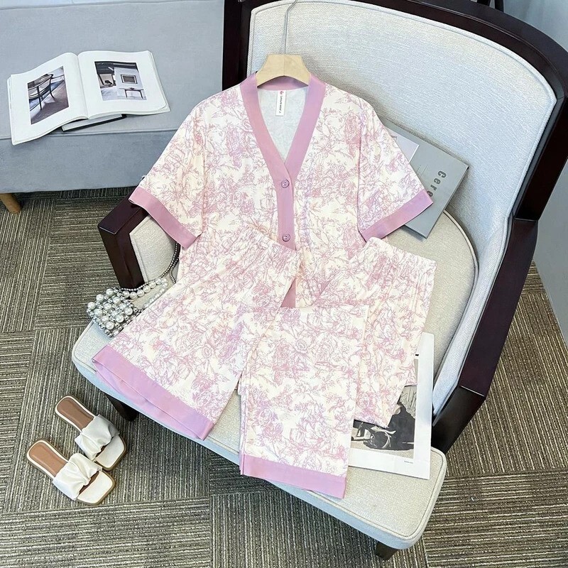 1米瑞特Miraito舒眠睡衣三件套舒服仿绵开衫短袖长裤家居服女8231