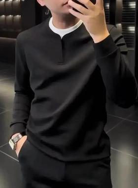 萧筱轻奢秋冬男士长vio袖假两件净版双领K卫衣休d闲撞色拼接打底