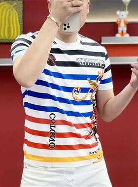 青澜之嘉20Rf26夏季新款潮流时尚条纹男士圆领短袖修身印花百搭休