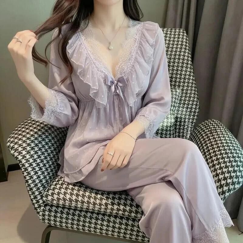 Aurora Light轻奢水光绸睡衣女紫色蕾丝花边家居服长袖套装可外穿