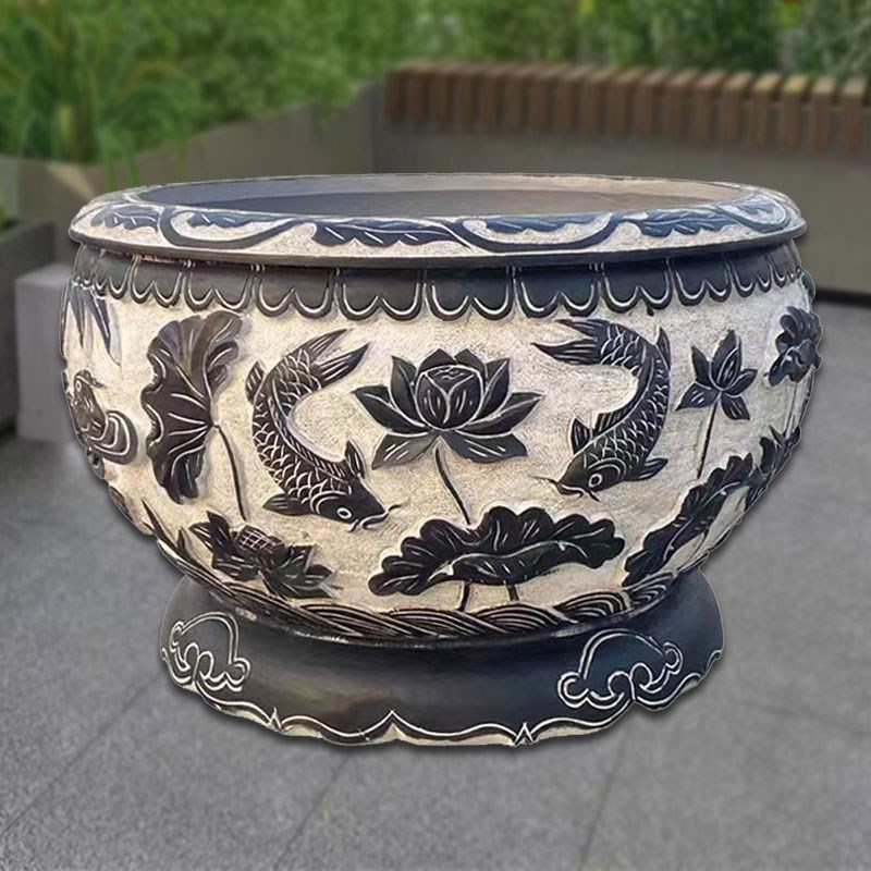 天然石雕鱼缸花盆门海青石仿古石缸庭院荷花缸R石槽养鱼池流水摆
