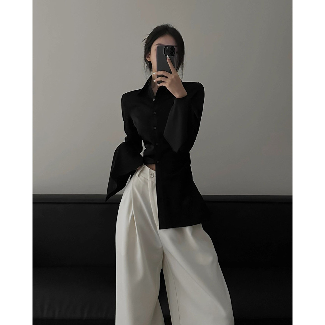 春季酷飒御姐风高级感时尚套装女炸街喇叭袖O衬衫白色阔腿裤两件