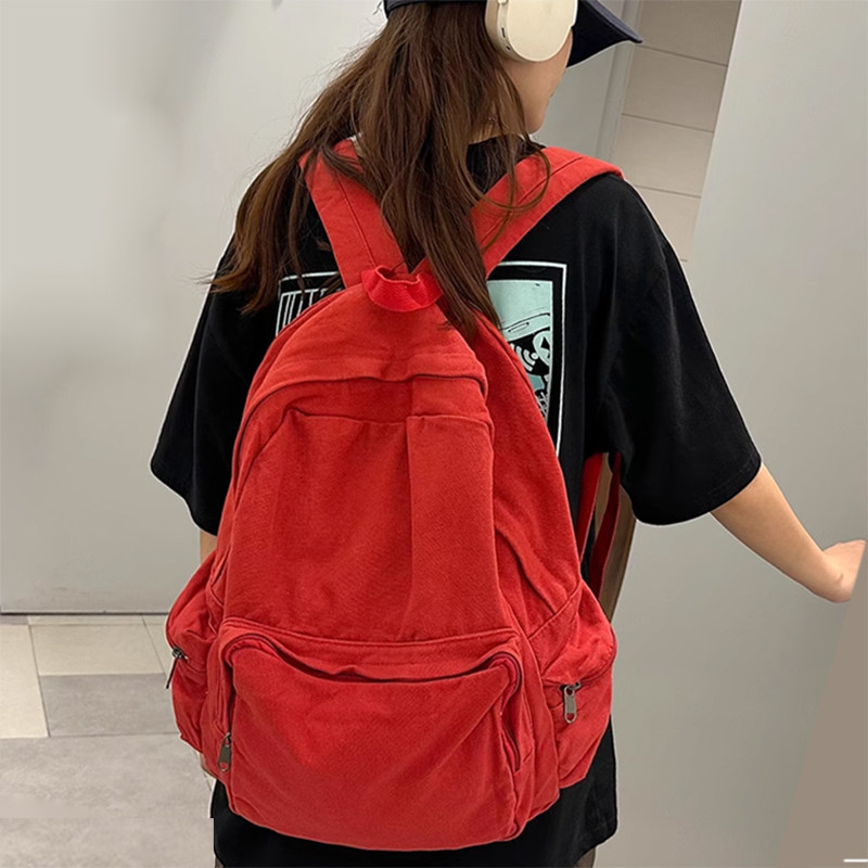 书包女双肩包大容量旅游轻便高A颜值大学生女士旅行背包红色帆布