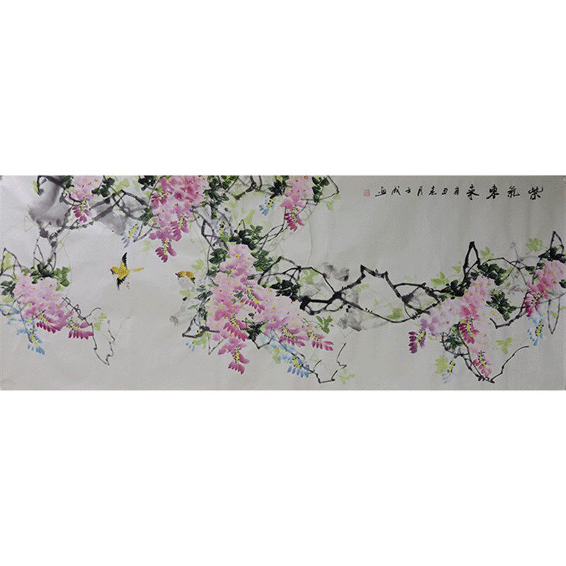 纯手绘小六g尺国画紫藤紫气东来客厅装饰画