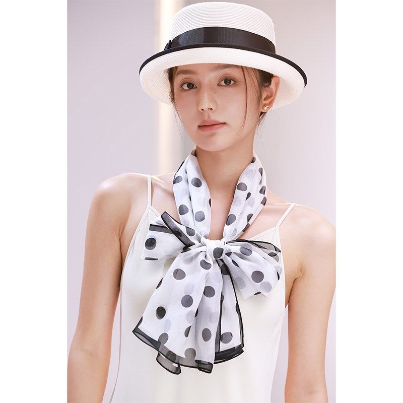 黑白色波点丝巾女2025新款春季小长条系脖高级感纱巾春秋薄款夏季