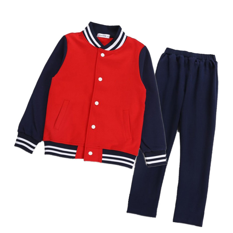 中小学生校服儿童秋春款班服两件套E大红拼藏青棒球服宝蓝长裤套