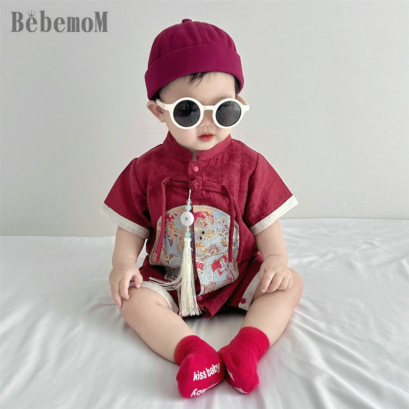 婴儿夏季薄款哈衣男宝宝春夏装满月百天抓周红色中国风连体衣爬服