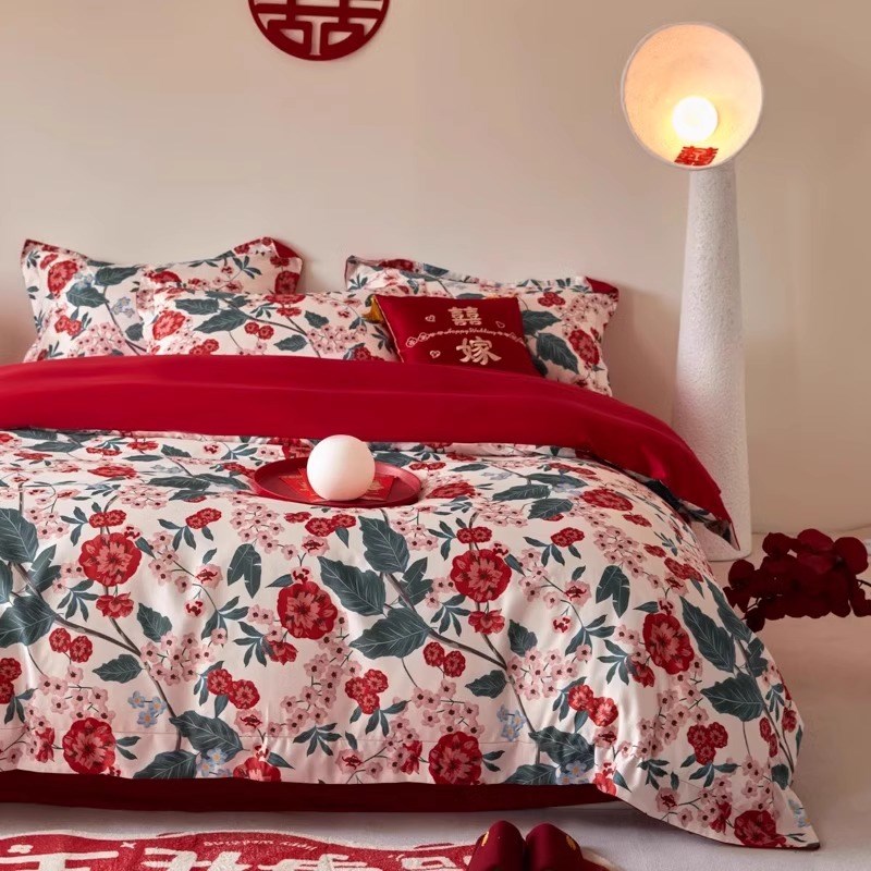 简约陪嫁结婚四件套大红色新婚床单被套纯棉婚庆床上用品婚房喜被