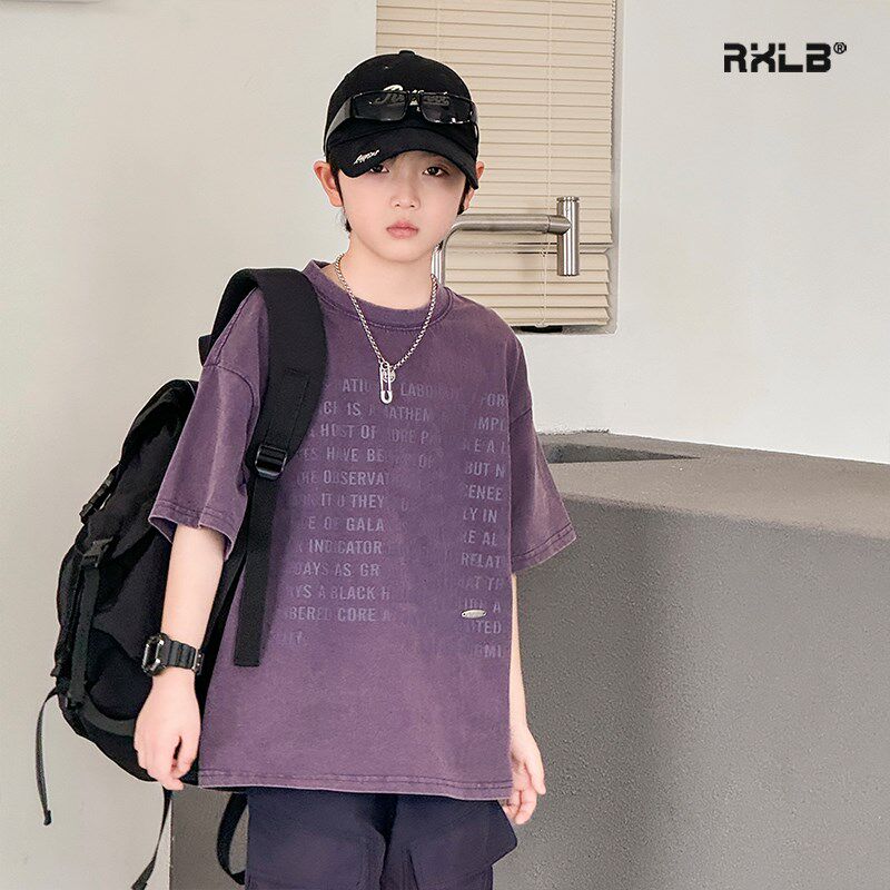 男童夏装做旧洗水短袖T恤2025新E款儿童洋气半袖体恤童装紫色上衣