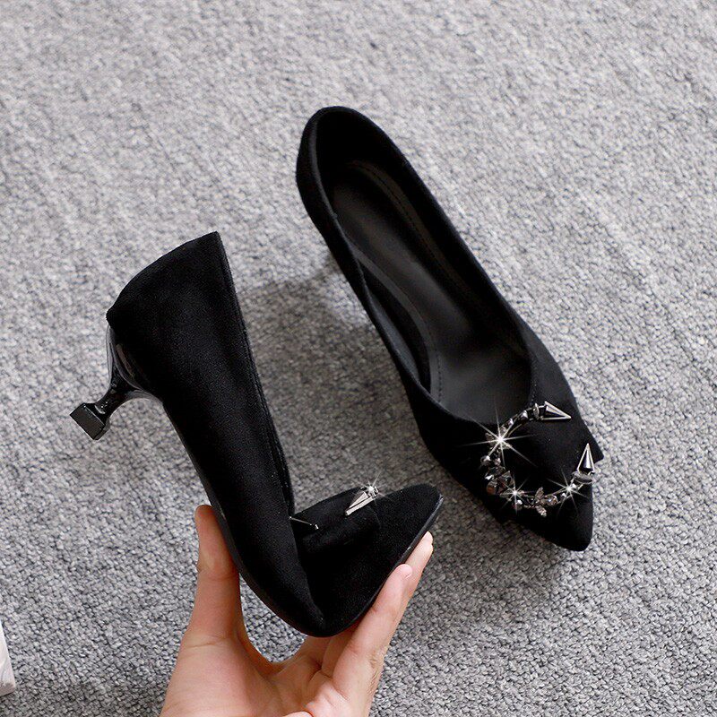 高跟鞋女细跟2h021春季新款3cm小跟单鞋5cm软底水钻绒面黑色工鞋