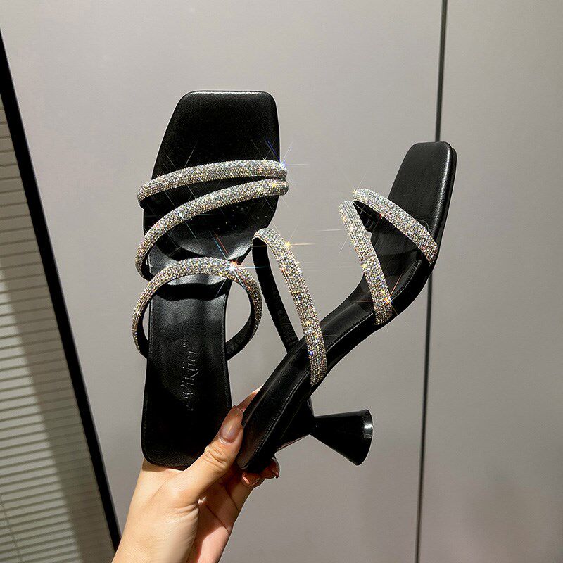 黑色水钻高跟凉拖鞋女一字半拖大小码3233不累脚外穿精.致小众凉