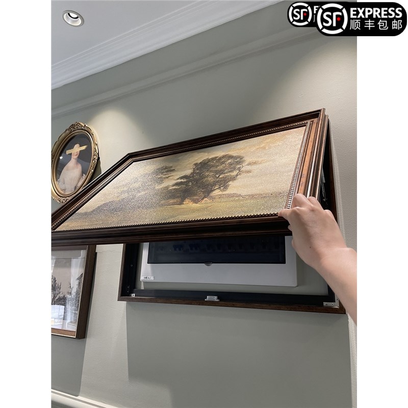 客厅餐厅玄关遮挡配电柜隐形装饰画美式静物推拉横版电表箱导轨画
