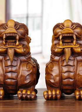纯实木雕中式古典貔貅摆件一对木质皮丘招财手工艺品玄关客厅摆设