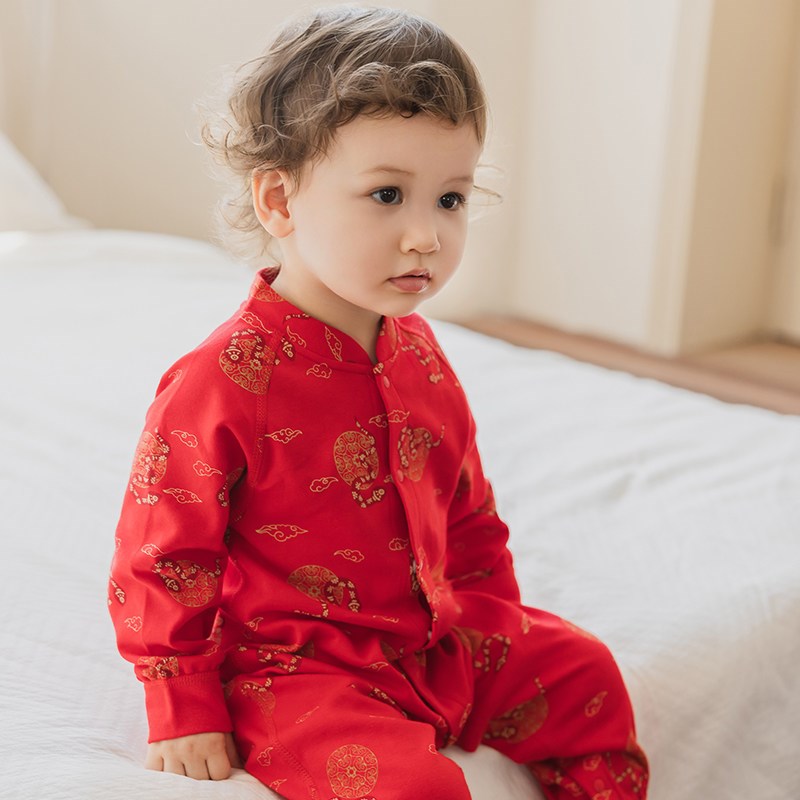 蛇年宝宝连体衣春秋季红色居家周岁婴幼儿哈衣爬爬服拜新年服