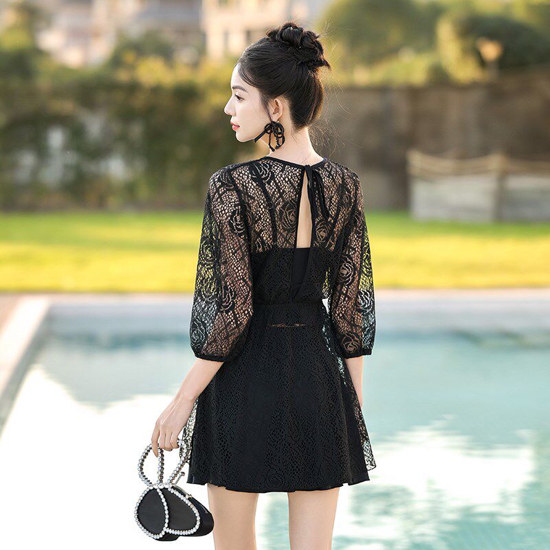 泳衣女款夏分体三件套蕾丝显瘦遮肚保守大码胖mm高级感泡温泉泳装