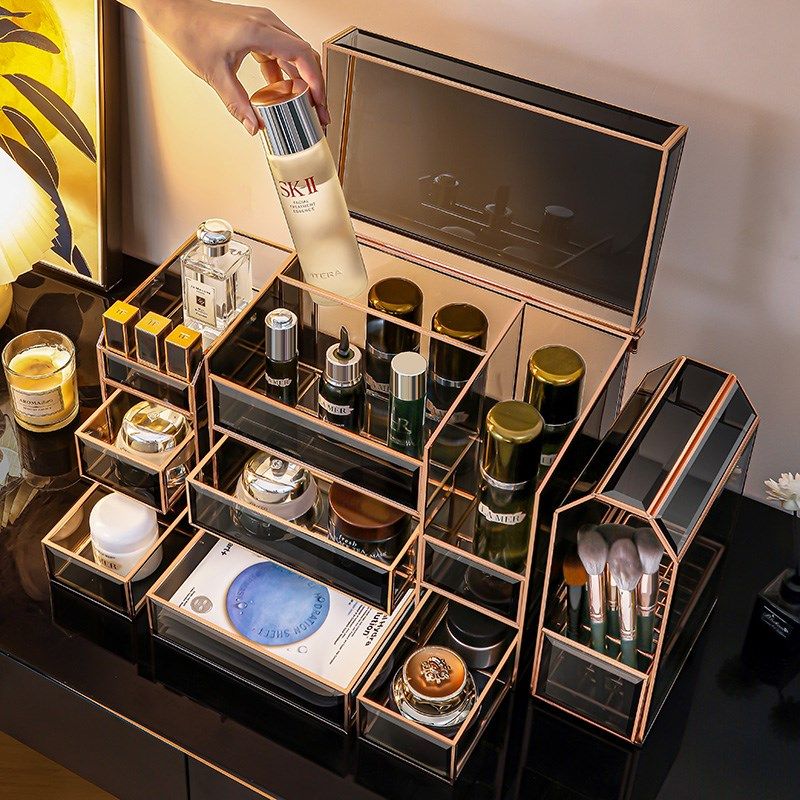 化妆品收纳盒桌面高级感玻璃防尘大容量梳面膜口红化妆刷整理盒子