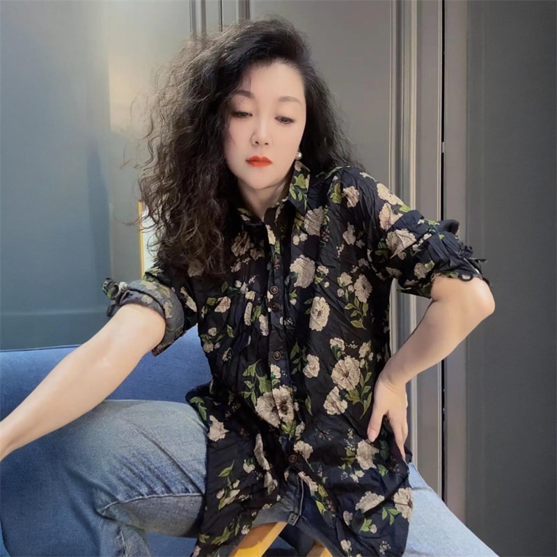 欧货春秋新款长袖丝麻宽松遮肉显瘦褶皱衬衫女洋气碎花打底衬衫潮