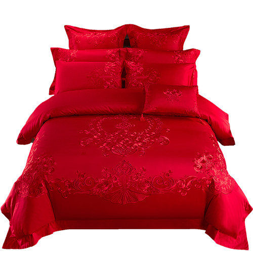 100s支全棉婚庆四件套刺绣大红色结婚六十件套婚房床上用品喜被子