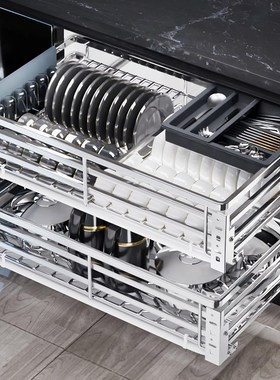 拉篮厨房橱柜304不锈钢双层抽屉式碗架碗碟篮碗柜厨柜碗篮