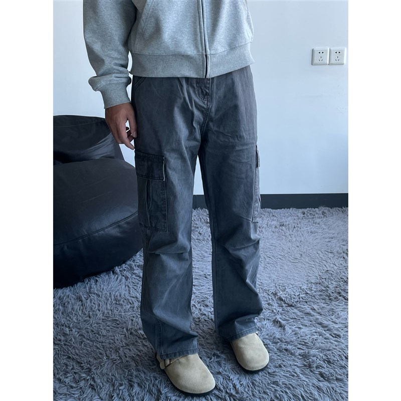 黑熊美式硬挺直筒大口袋工装裤男女显瘦高街牛仔宽松休闲长裤0020