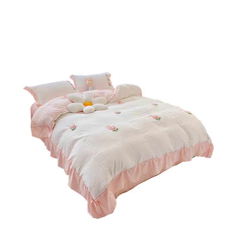 ins小花纯色水洗棉四件套 粉色公主风花边被套床单床裙款绣花床品