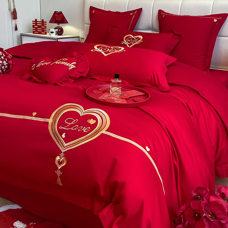 2024新款结婚床上四件套婚庆纯棉全棉新婚大红色床单被套婚嫁床品