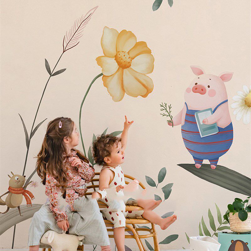 可爱风儿童房手绘动物背景墙纸壁纸植物花卉卧Q室壁画定制丝绸墙